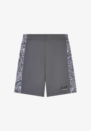 Pantaloncini sportivi grigi con pannelli laterali con motivo astratto e fascia elastica in vita, con logo Emporio Armani EA7 sull'orlo frontale.