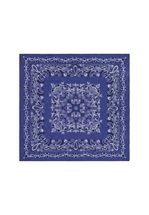 Bandana carré bleu avec des motifs cachemire et floraux blancs et noirs disposés en bordures concentriques et un dessin central détaillé.