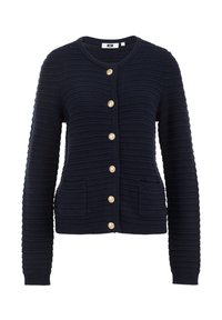 Námořnický pletený kardigan s ribovanou texturou, zapínání na knoflíky, dvě přední kapsy a knoflíky ve zlatém tónu. Lehce materiál, casual střih.