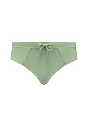 Bikini-Hosen mit niedriger Taille in einem sanften Grünton, aus glattem Stoff gefertigt, mit einem Kordelzug vorne und schmalen Seiten.