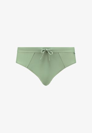 Low-rise bikini bottom in a soft green color, made from smooth fabric, featuring a drawstring front and slim sides.