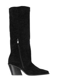 Sort ruskind knæhøj støvle med spids tå, sidelukning med lynlås og stablet blokhæl.