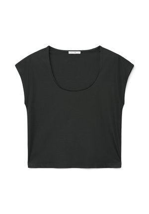 Top nero corto con maniche a cappuccio e ampio scollo a giro, design semplice ed etichetta del marchio Calliope visibile sul retro.