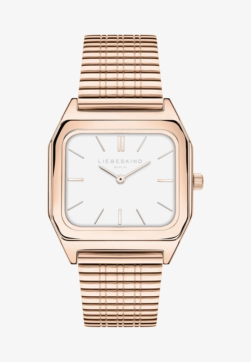 Roségoldene Armbanduhr mit quadratischem Gehäuse, weißem Zifferblatt, minimalistischen Stundenmarkierungen und strukturiertem Metallarmband. Markenname auf dem Zifferblatt sichtbar.