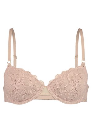 Soutien-gorge rembourré avec finition en dentelle dans une teinte rose clair, avec des bords festonnés, des bretelles réglables et un design sans coutures pour un ajustement lisse.