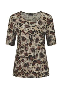 Haut à manches courtes et décolleté en scoop, avec un imprimé floral et léopard dans des tons terreux de brun, vert et beige sur un tissu doux.