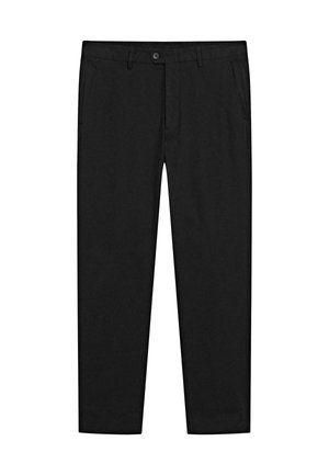 Black trousers made of a smooth fabric, featuring front pockets and a button closure. Straight-leg design with a clean hem.