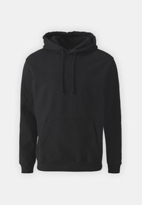 Black hooded sweatshirt made of soft fabric, featuring a front pocket, drawstring hood, and ribbed cuffs and hem. Simple, unadorned design.