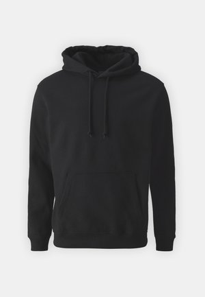 Svart hoodies i mjukt tyg, med en framficka, dragsko i huvan och ribbade manschetter och nederkant. Enkelt, odekorerat design.
