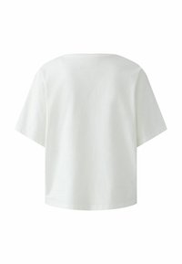 Witte katoenen t-shirt, boxy vorm, korte mouwen, ronde halslijn, gladde textuur, met een schoon en eenvoudig ontwerp. Geen zichtbare patronen of accenten.