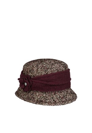 Brown and cream herringbone patterned bucket hat with a wide burgundy fabric band and flower detail on the side.