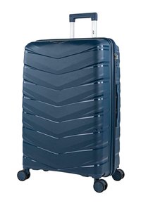 Maleta rígida azul con patrón de espiga, asa retráctil y cuatro ruedas giratorias. Cierre de cremallera en el lateral para un acceso fácil.