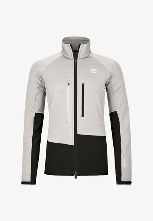 Light gray and black zip-up jacket with high collar, two vertical chest pockets, and contrasting sleeve panels.
