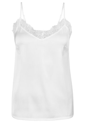 Camisola bianca in satin con spalline regolabili e bordo in pizzo ondulato lungo lo scollo. Tessuto liscio, vestibilità comfort.