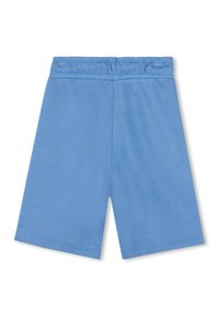Shorts en coton bleu avec une taille élastique, texture lisse, coupe à mi-genoux, sans motifs ni accents visibles.