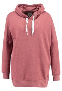Väljtonad löst sittande hoodie i damaskrosa med vita dragsnören, ribbade muddar och fåll, samt en liten logotyp nära nederkanten på vänster sida.