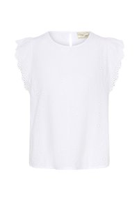 Haut blanc à manches courtes avec des bords volants, motif floral en broderie anglaise et ouverture en forme de goutte au dos, fabriqué à partir d'un tissu léger.