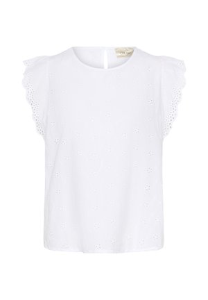 Witte kortemouwen top met gerimpelde randen, bloemen oogjes patroon en sleutelgatopening aan de achterkant, gemaakt van lichtgewicht stof.