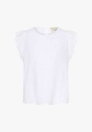 Haut blanc à manches courtes avec des bords volants, motif floral en broderie anglaise et ouverture en forme de goutte au dos, fabriqué à partir d'un tissu léger.