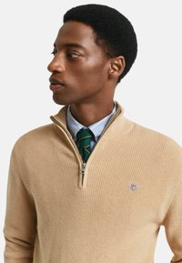 Junger Mann mit kurzen, lockigen Haaren, der einen beigen Pullover mit Viertelreißverschluss, ein blaues Hemd und eine gestreifte grüne Krawatte trägt und nach links schaut.