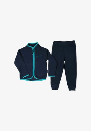 Marineblaue Fleecejacke mit türkisfarbenen Akzenten und Reißverschluss, kombiniert mit passenden marineblauen Fleecepants. Bietet eine weiche Textur und eine enge Passform.