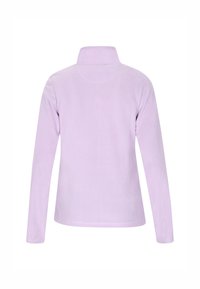 Pullover in pile lilla con colletto alto, maniche lunghe, texture morbida e vestibilità comoda; di colore uniforme senza motivi o elementi decorativi.