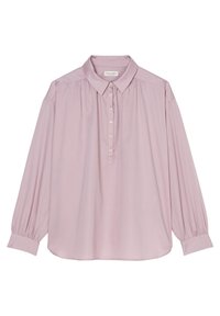 Blusa rosa chiaro a maniche lunghe con placket buttoned, colletto e dettagli arricciati sulle spalle e sui polsini. Tessuto dalla trama liscia.