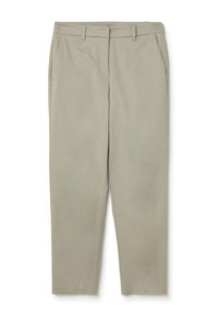 Helle graue Hose aus glattem Stoff, mit seitlichen Taschen, flachem vorderen Teil und tailliertem Schnitt. Keine sichtbaren Muster oder Beschläge.