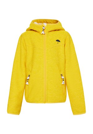 Yellow hooded zip-up jacket with long sleeves, two zippered pockets with decorative pulls, and a small black umbrella logo on the chest.