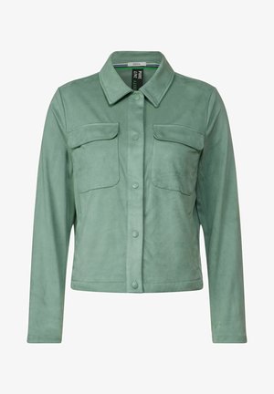 Groene faux suede jas met een kraag, knopen aan de voorkant en twee borstzakken. Het ontwerp is gestructureerd met lange mouwen en een gladde textuur.
