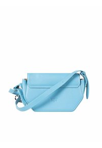 Borsa a tracolla in pelle blu con un design geometrico, chiusura a zip, tracolla regolabile e una tasca anteriore con dettagli in rilievo.