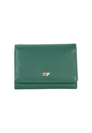 Portafoglio in pelle verde strutturata con un piccolo emblema dorato a forma di animale sulla patta frontale, chiuso e di forma rettangolare.