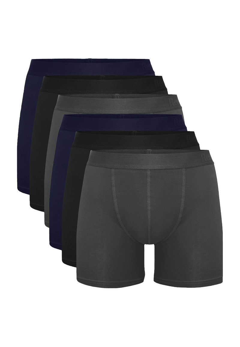 Set van zes boxershorts in de kleuren: marineblauw, zwart, donkergrijs en lichtgrijs. Gemaakt van een gladde stof, met een elastische tailleband en een aansluitend ontwerp.