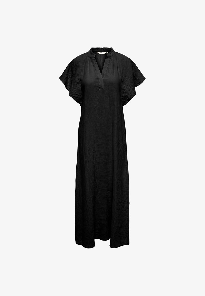 Robe longue noire texturée avec manches courtes flottantes, un col à volants et une encolure fendue à l'avant.