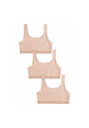 Trois soutiens-gorge de sport beiges sans coutures avec larges bretelles, encolures arrondies et bandes élastiques en bas, disposés verticalement sur fond blanc.