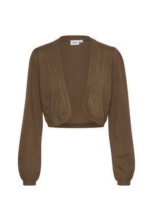 Hnědý zkrácený cardigan s dlouhými nabíranými rukávy, vyrobený z měkké pleteniny. Otevřený přední design bez zapínání a žebrované manžety.