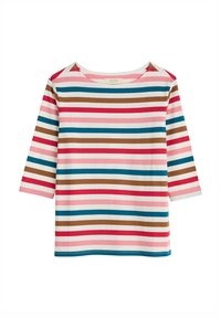 Gestreiftes Langarm-T-Shirt in Pink, Braun, Rot und Blau. Besitzt einen weiten Halsausschnitt und besteht aus weichem Baumwollstoff. Das Design umfasst gleichmäßig verteilte horizontale Streifen.