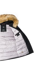 Black winter coat with a fur-lined hood, featuring a light gray quilted interior and a label on the inside, designed for insulation and warmth.