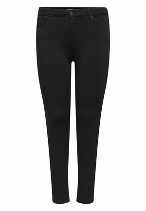 Jeans skinny neri realizzati in tessuto elasticizzato. Presentano una chiusura anteriore con bottone, passanti per cintura e cinque tasche. Texture liscia su tutta la superficie.