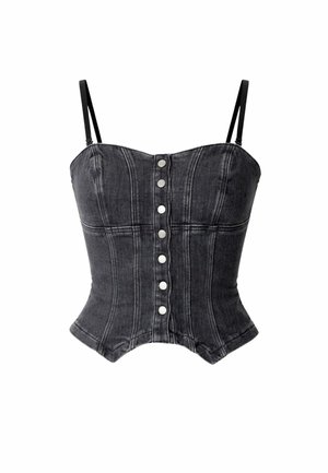Corsetto in denim nero con sottili spalline regolabili, cuciture verticali frontali e una fila di bottoni automatici argentati al centro.