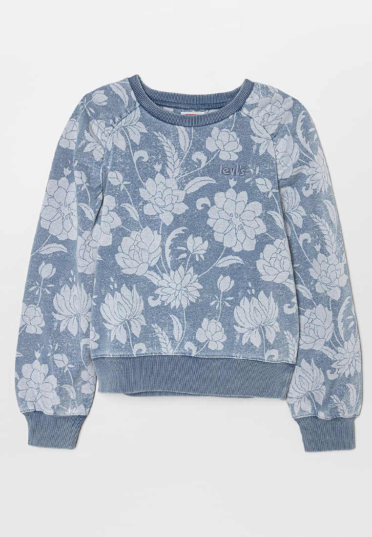 Sweatshirt bleu à motif floral, avec un col et des poignets côtelés, présentant une texture douce et un logo de marque brodé en gris.