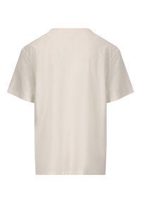 Kortärmad t-shirt med rund hals i mjukt, ljust beige tyg. Har en enkel baksida utan tryck eller dekorationer.