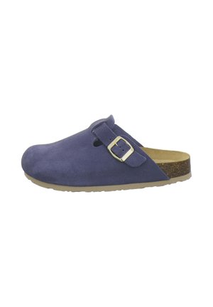 Navy blue suede slip-on clog with a side buckle, cork footbed, and light brown sole, shown from the outer side view.