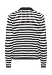 Pullover lungo a maniche lunghe a righe orizzontali bianco e nero, con colletto nero solido e orlo con risvolto, mostrato da dietro.