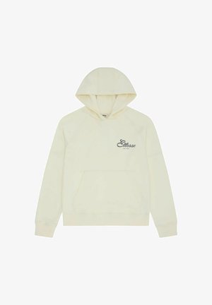 Sudadera con capucha color crema con bolsillo tipo canguro en la parte frontal y pequeño logo "Ellesse" en el pecho izquierdo.