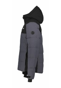 Puffjakke i sort og grå, med hætte, lynlåslukning foran, elastiske manchetter og et rundt logo-patch på den øverste venstre ærme.