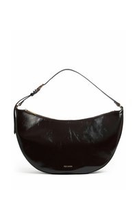 Schwarze, glänzende Halbmond-förmige Handtasche mit verstellbarem Schulterriemen und goldfarbenem Reißverschluss, kleines Ted Baker Logo in der Mitte vorne.