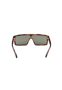 Tortoiseshell sunglasses with rectangular, flat lenses. Arms have a glossy finish and slight curve, featuring a golden accent near the hinges.