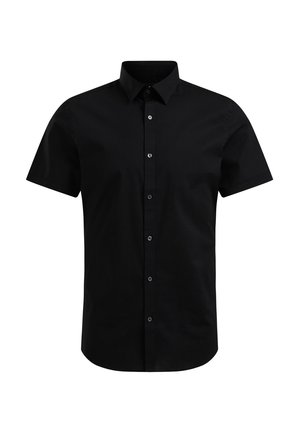 Sort kortærmet skjorte med knapper i glat stof, struktureret krave og fem knapper foran; minimalistisk design.
