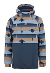 Pull à capuche avec des motifs géométriques en marron, bleu et marine. Comprend des poignets élastiques, une poche avant et un logo sur la poitrine.